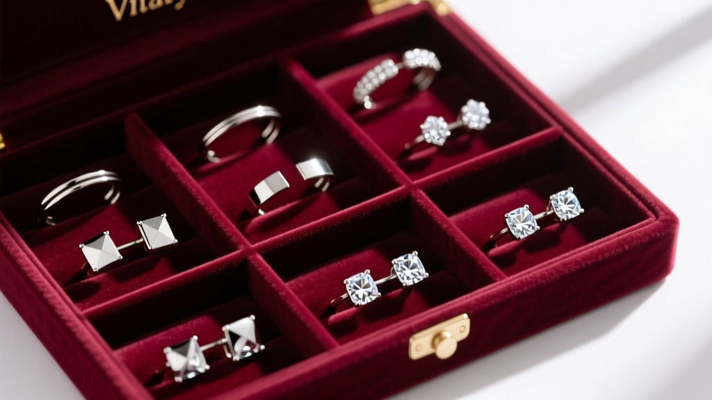 Organized jewelry storage box with velvet compartments holding various stainless steel and cubic zirconia Vitaly ear cuffs