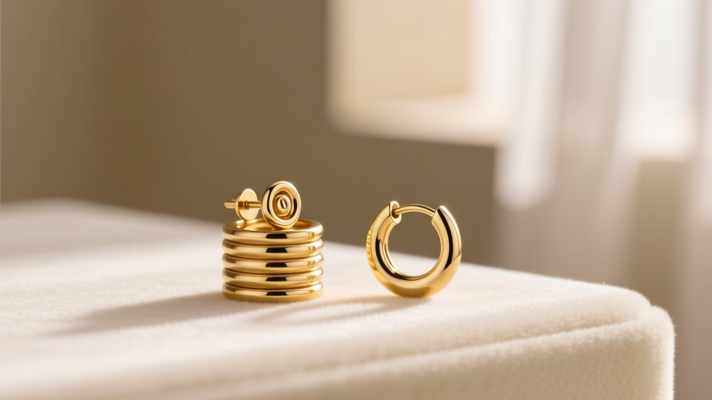 Curated ear stack with 14k solid gold mini earrings, featuring a tiny helix stud and a seamless lobe huggie against soft lighting