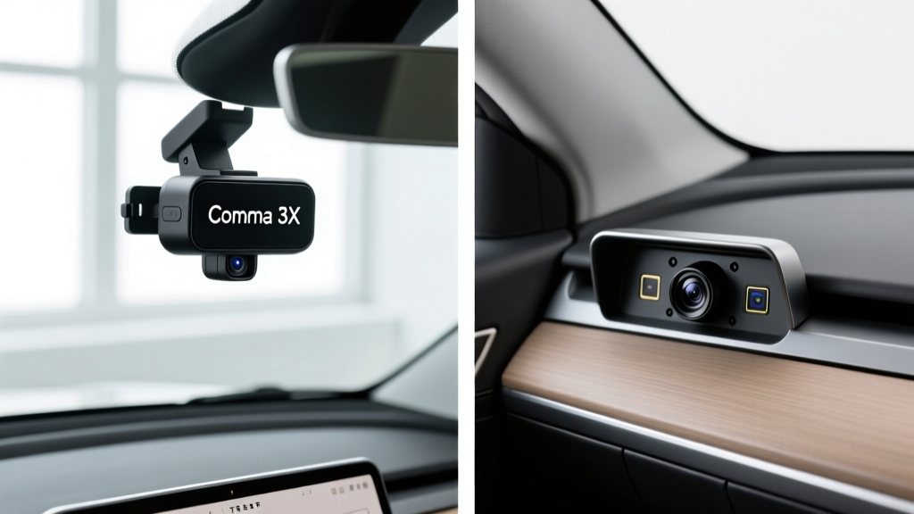 Side-by-side physical comparison of the comma 3X device mounted on a windshield versus a Tesla Model 3 interior camera housing showing sensor placement