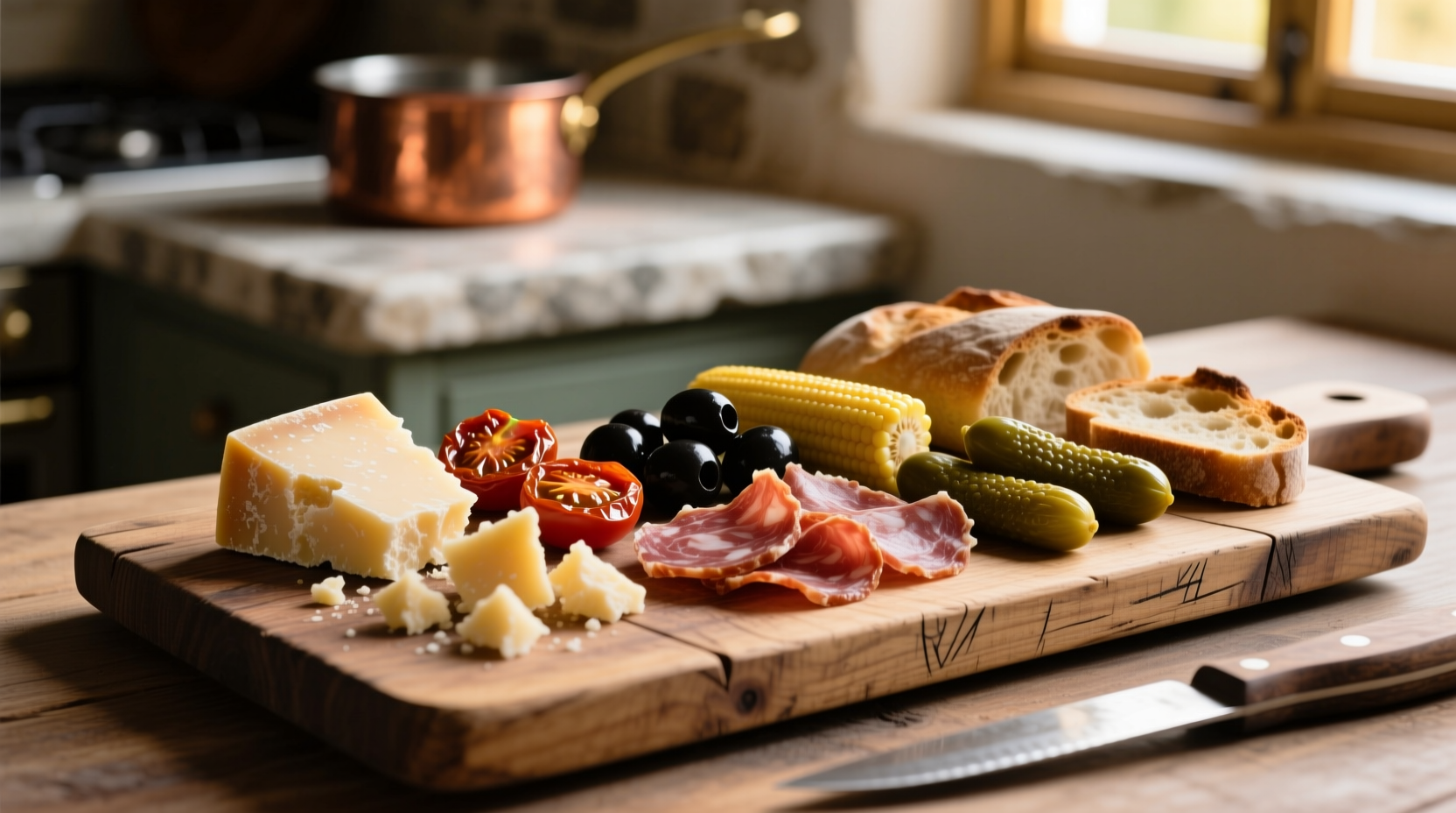 Assortment of naturally savoury foods on wooden board