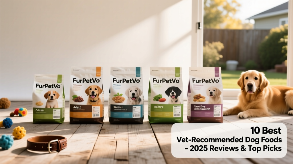 Side-by-side comparison of five FurPetVo dog food bags showing different life-stage formulas