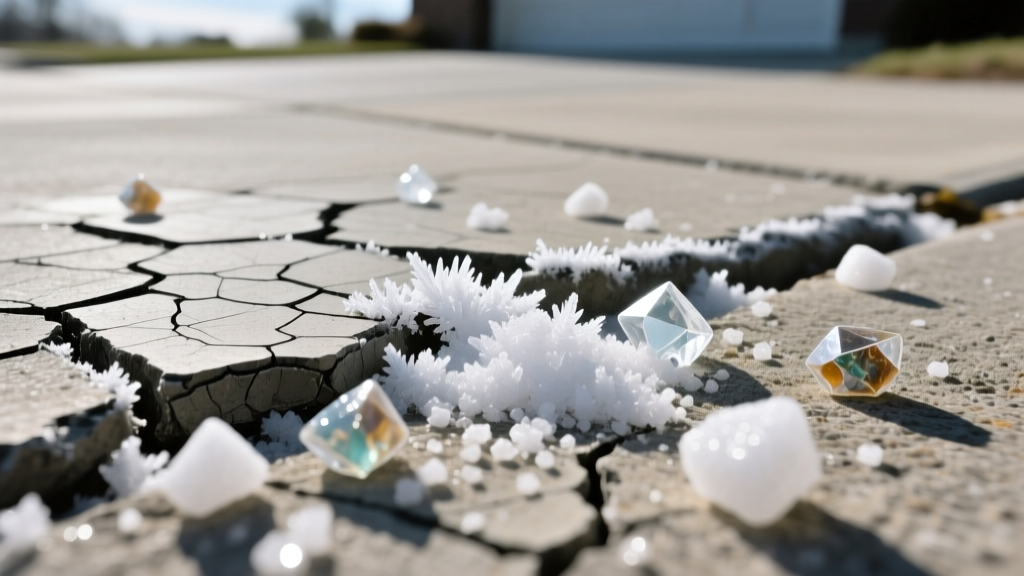 Close-up of concrete driveway micro-spalling and white efflorescence beside granular calcium chloride ice melt pellets.