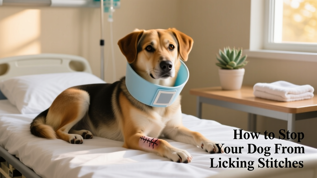 A calm dog wearing a soft recovery collar, resting on a clean bed with a gentle expression