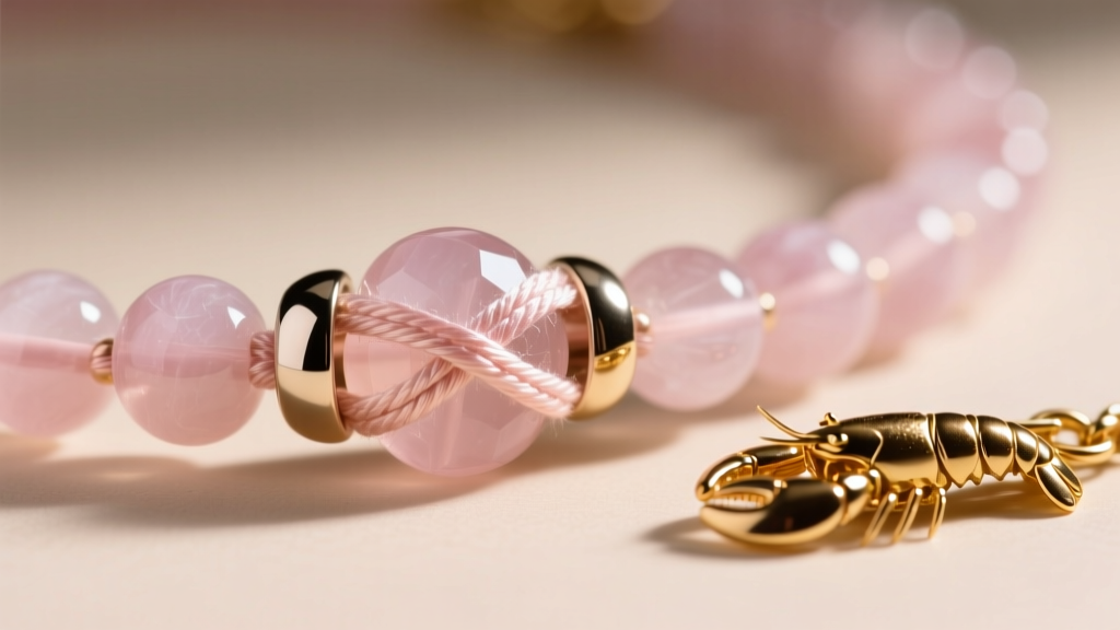 Macro shot of silk knotting on a rose quartz bead necklace, highlighting the metal crimp cover and a gold-filled lobster clasp.