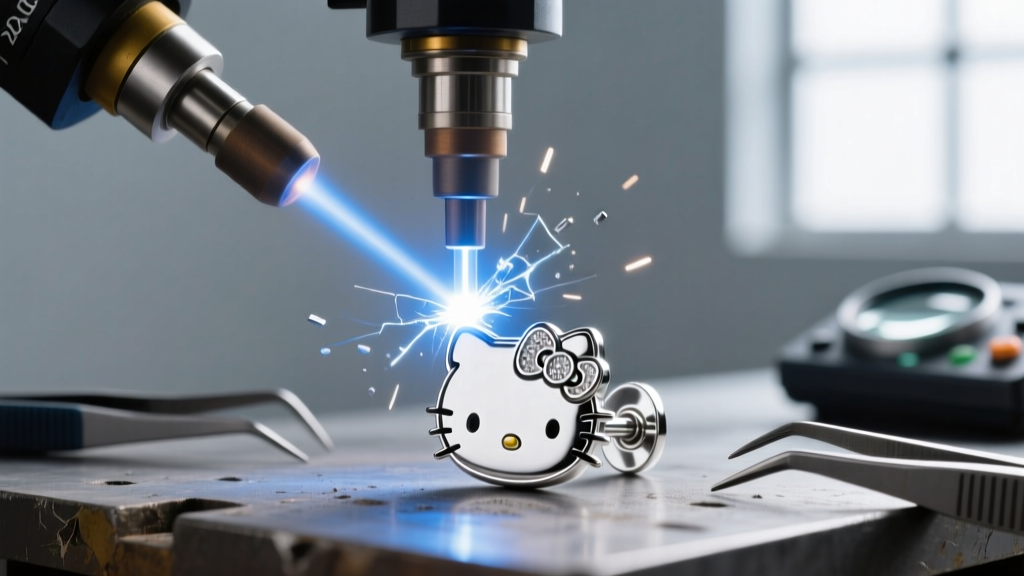 Close-up of a laser welder repairing a snapped 20-gauge silver earring post on a Hello Kitty stud earring, showing precision tools