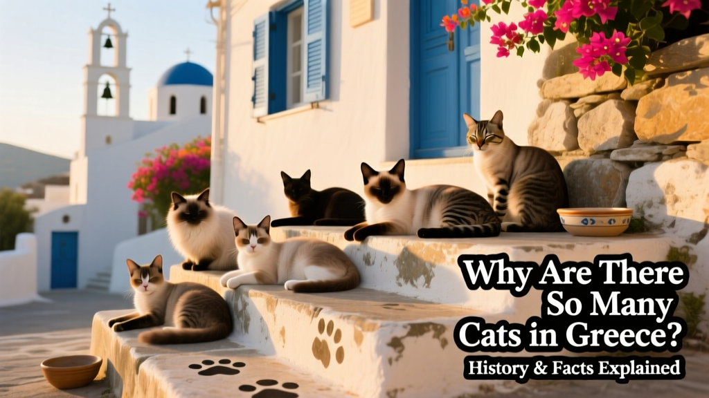 A group of friendly stray cats lounging on sun-warmed stone steps in a Greek island village