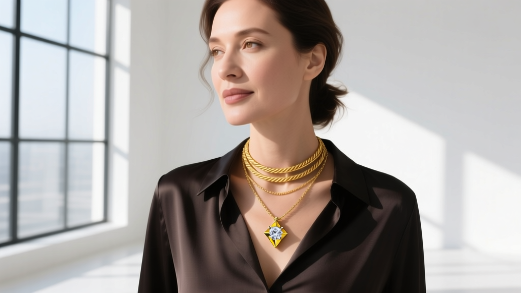 Woman layering a 14k yellow gold kite-cut diamond drop necklace with a choker and rope chain over a dark silk blouse in daylight