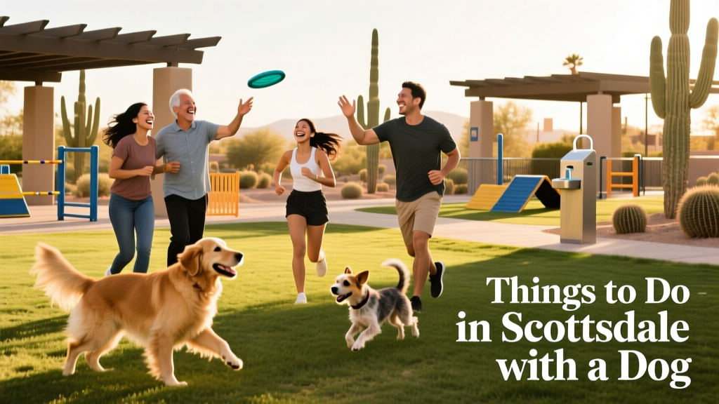 Pet parents and their dog enjoying open space at a vibrant dog park in Scottsdale.