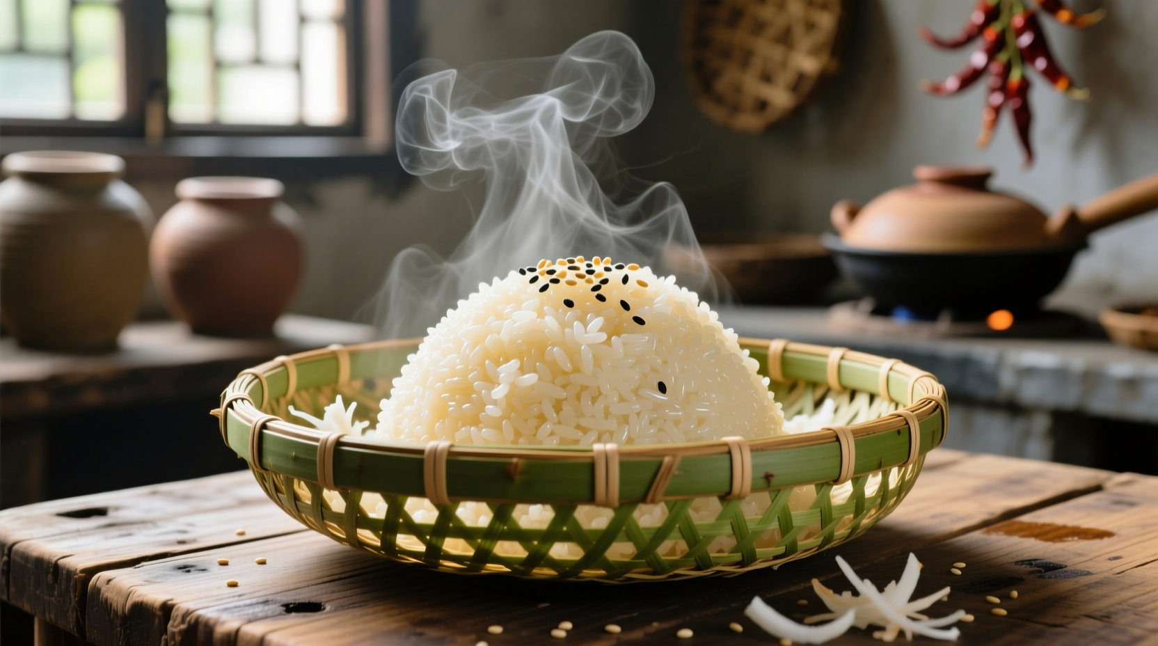 Steaming sticky rice in bamboo basket