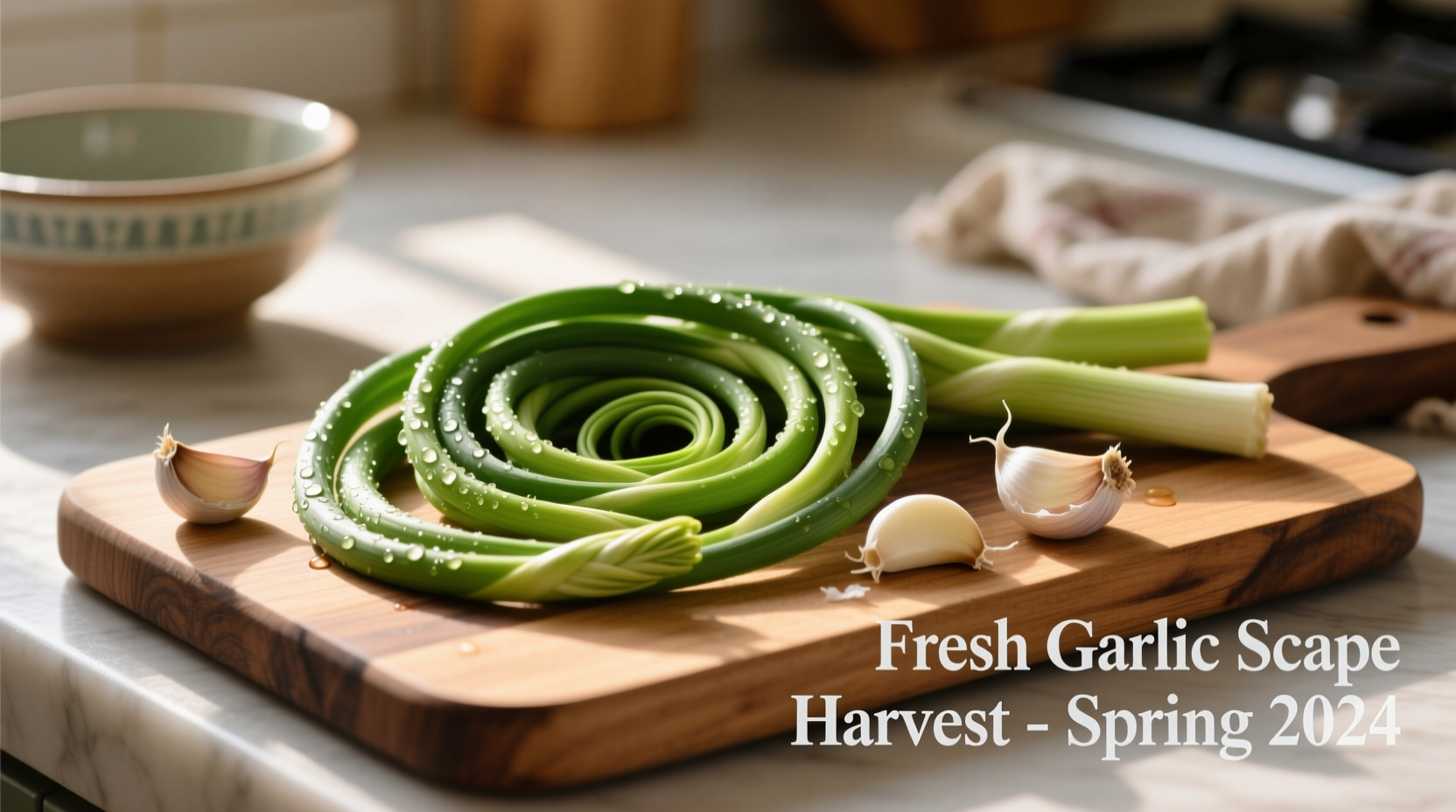 Fresh garlic scapes arranged on cutting board