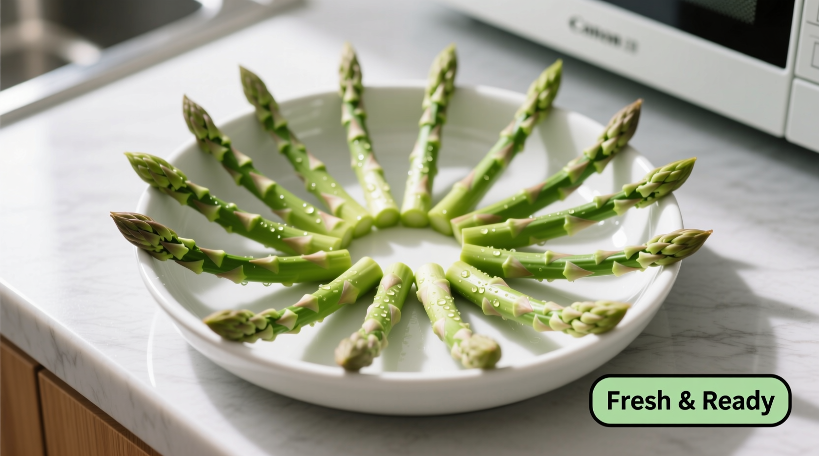 Fresh asparagus spears arranged in microwave-safe dish