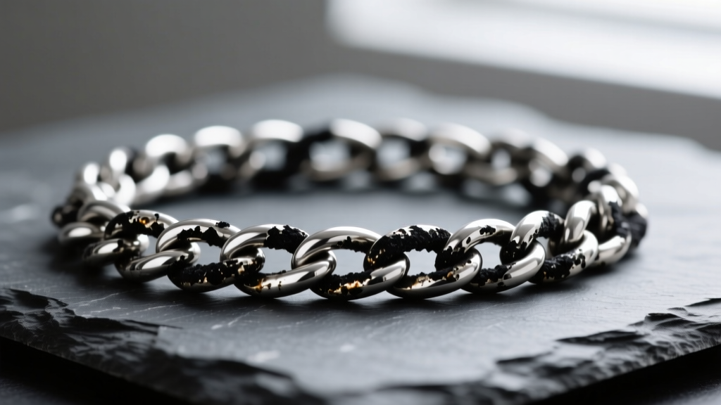 Macro shot of a heavily tarnished 925 sterling silver rope chain on dark slate, highlighting black sulfur buildup in the links