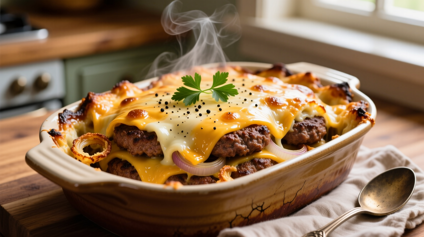 Golden baked hamburger casserole with melted cheese