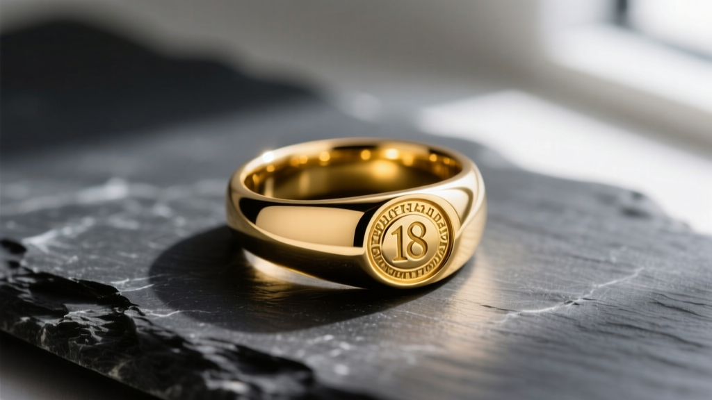 Macro shot of an 18-karat yellow gold signet ring on dark slate, highlighting the warm metallic luster and a crisp hallmark stamp.