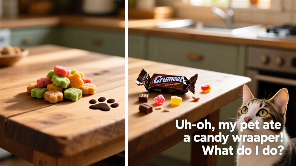 Side-by-side comparison: safe pet treats versus hazardous human candy with wrappers scattered nearby