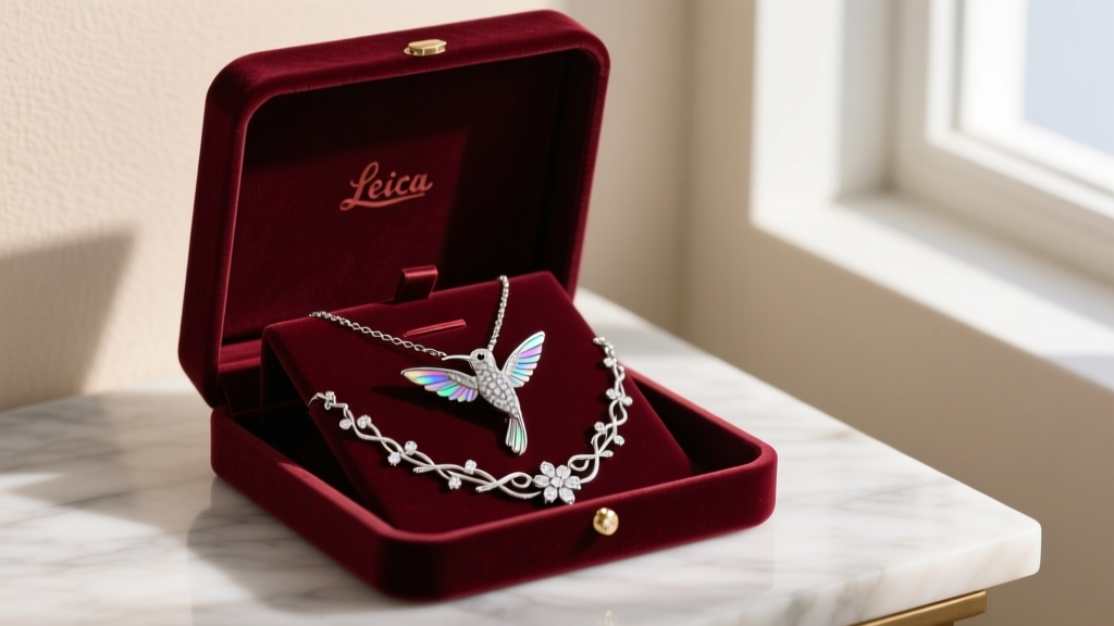 Open velvet gift box revealing a layered necklace set with a delicate diamond-accented hummingbird charm and a subtle vine chain.