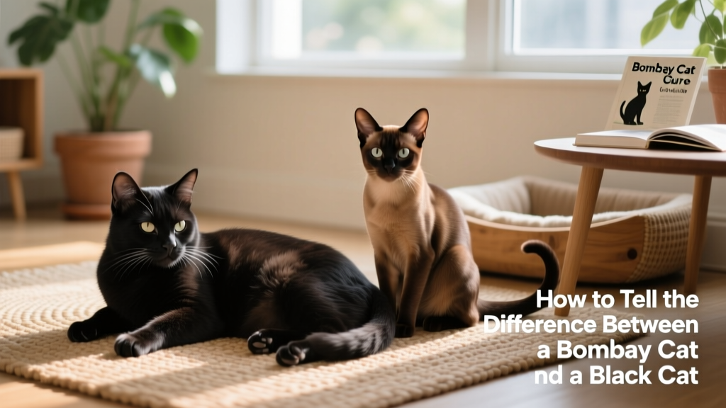 Senior black cat resting peacefully beside a younger Bombay, both looking relaxed and well-cared-for
