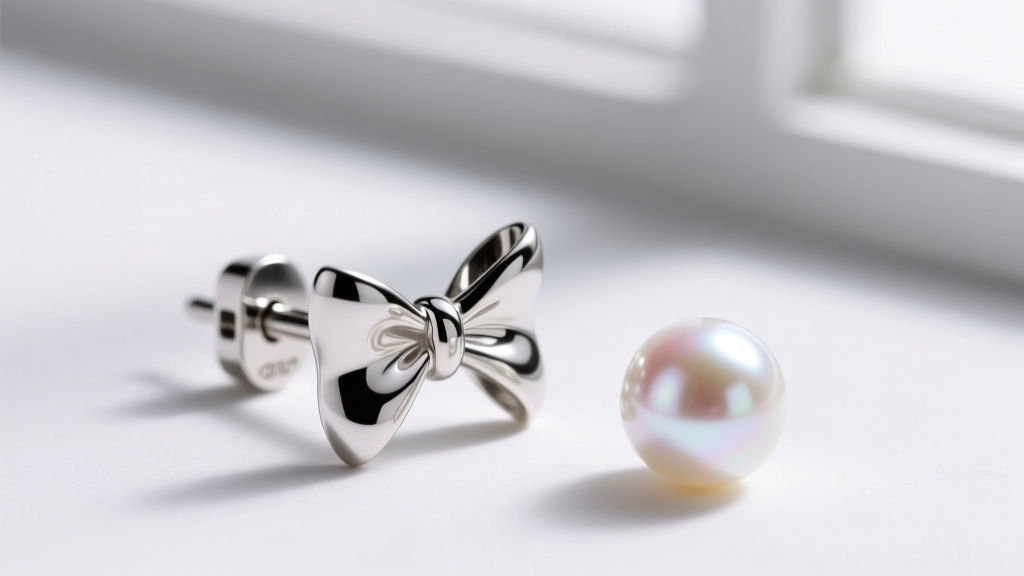Macro shot of a silver bow earring post, showing 20-gauge thickness and a secure backing next to a bright white Akoya pearl.