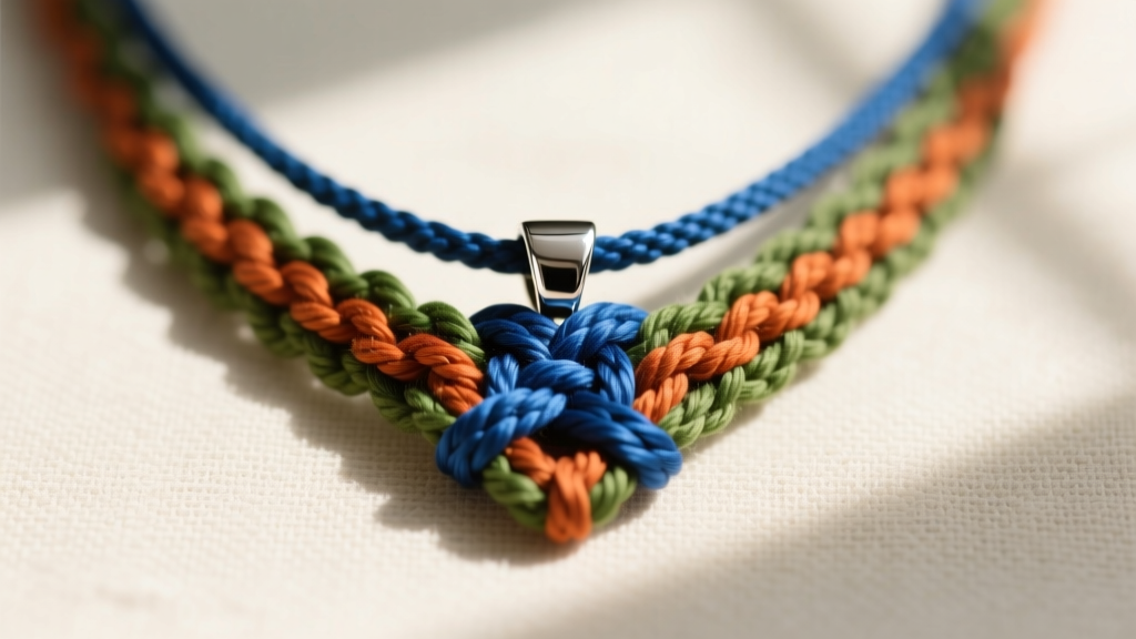 Flat lay of a repaired macrame pendant necklace featuring a polished 316L surgical steel bail and vibrant colorfast hemp cord.