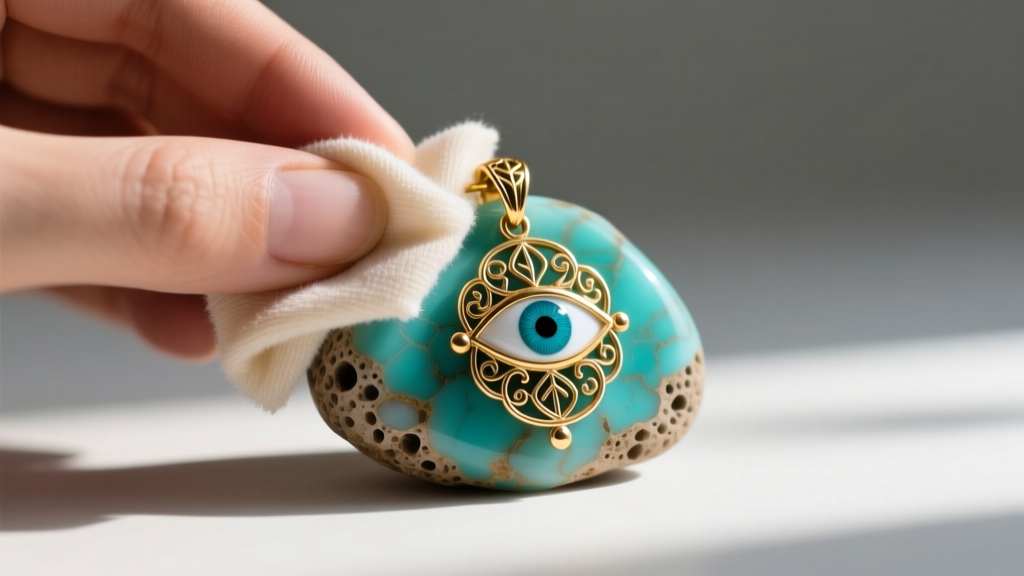 Hands wiping a turquoise and gold evil eye charm with a microfiber cloth, highlighting intricate metalwork and porous stone.