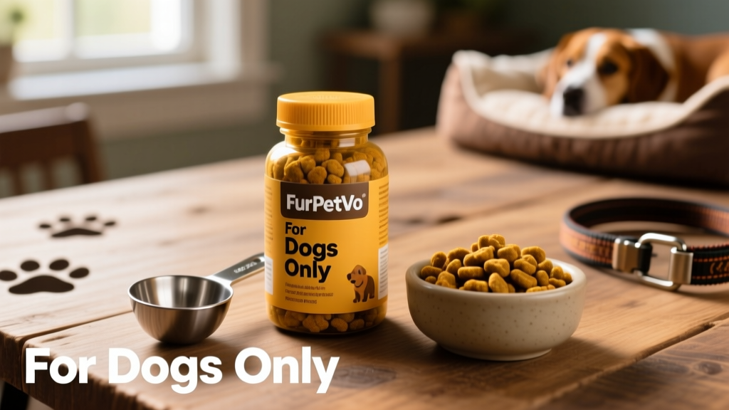 Close-up of a FurPetVo turmeric supplement bottle labeled 'For Dogs Only' beside measuring scoop and a small bowl of kibble