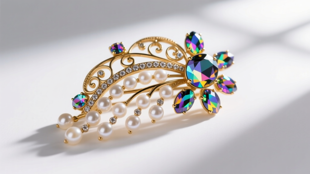 Macro shot of a vintage Florenza jewelry brooch with gold-tone filigree, faux pearls, and aurora borealis rhinestones.