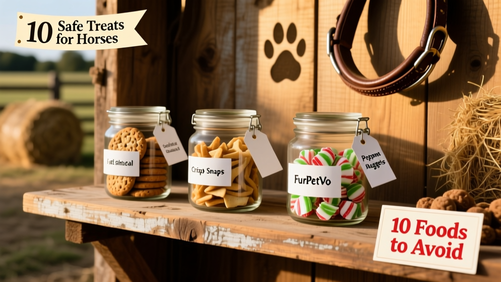 A variety of FurPetVo horse treats displayed neatly on a wooden shelf—cookies, apple snaps, and peppermint nuggets