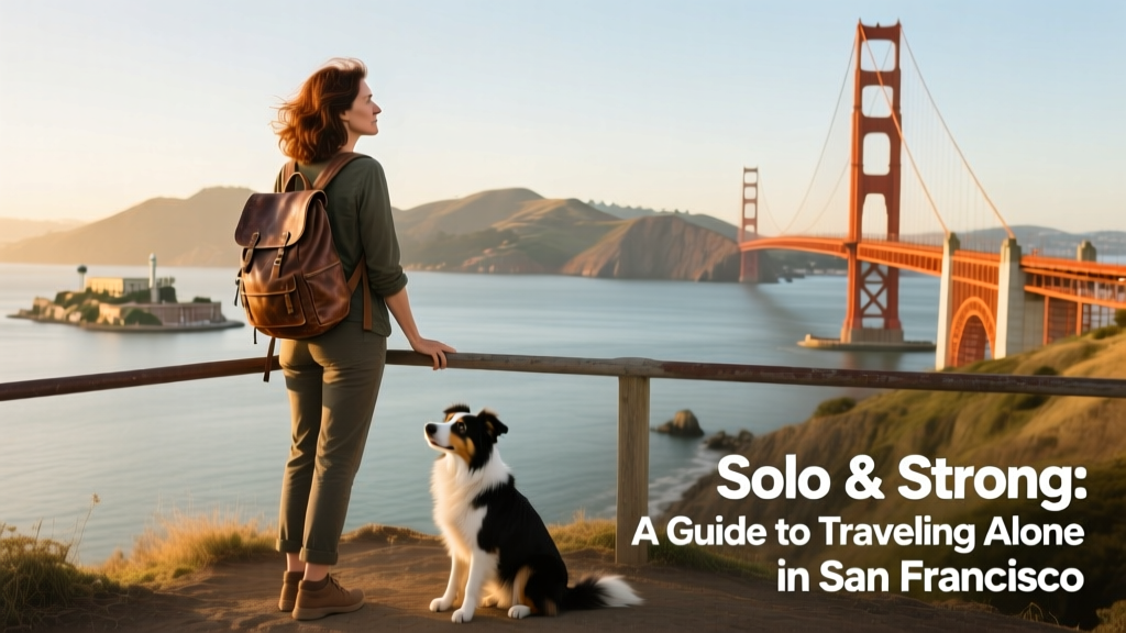 A solo female traveler gazing out over the San Francisco Bay toward the Golden Gate Bridge on a clear, sunlit day