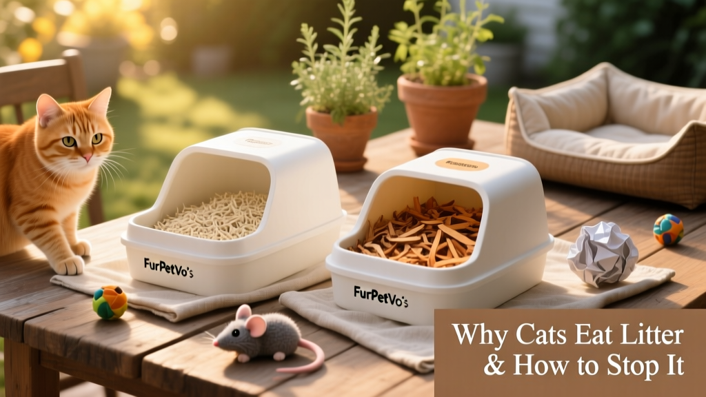 Side-by-side comparison of safe, natural litters including FurPetVo’s paper-based and pine-based options