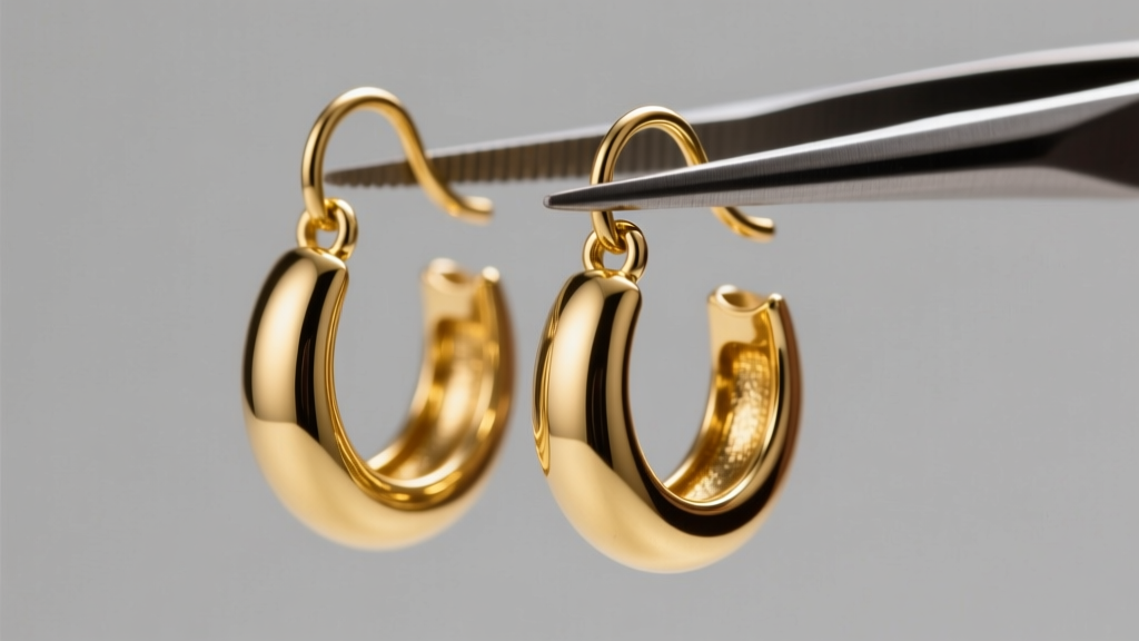 Gold-filled French hook earring blanks held by tweezers, showing thick gold layer over brass core under bright studio lighting.