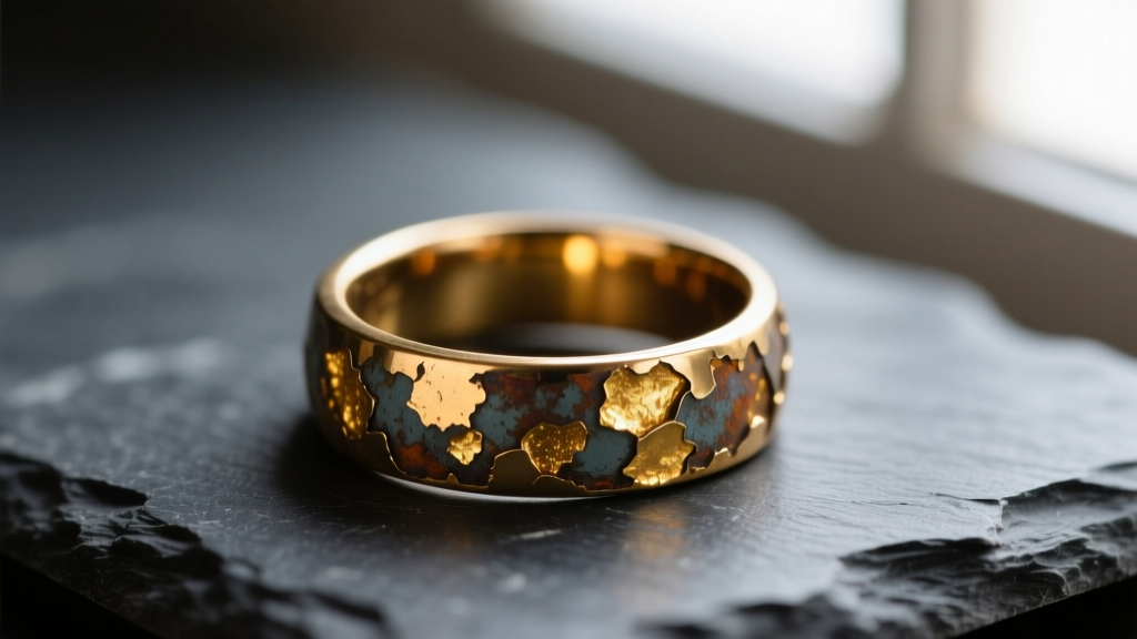 Close-up macro photography of a tarnished brass-based fashion ring with peeling gold flash plating, resting on dark slate.