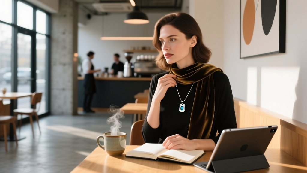 Woman in a modern coffee shop discreetly adjusting a smart pendant necklace that doubles as a hidden GPS panic button, looking alert