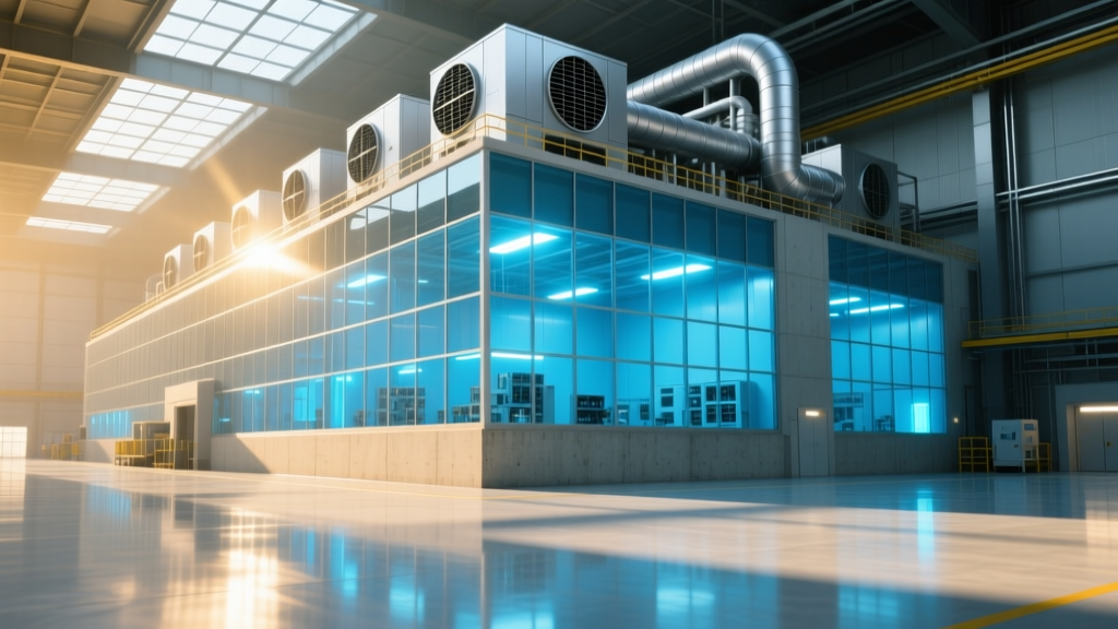 Architectural render of a massive modern electronics assembly plant featuring glowing blue cleanroom windows and heavy rooftop HVAC units