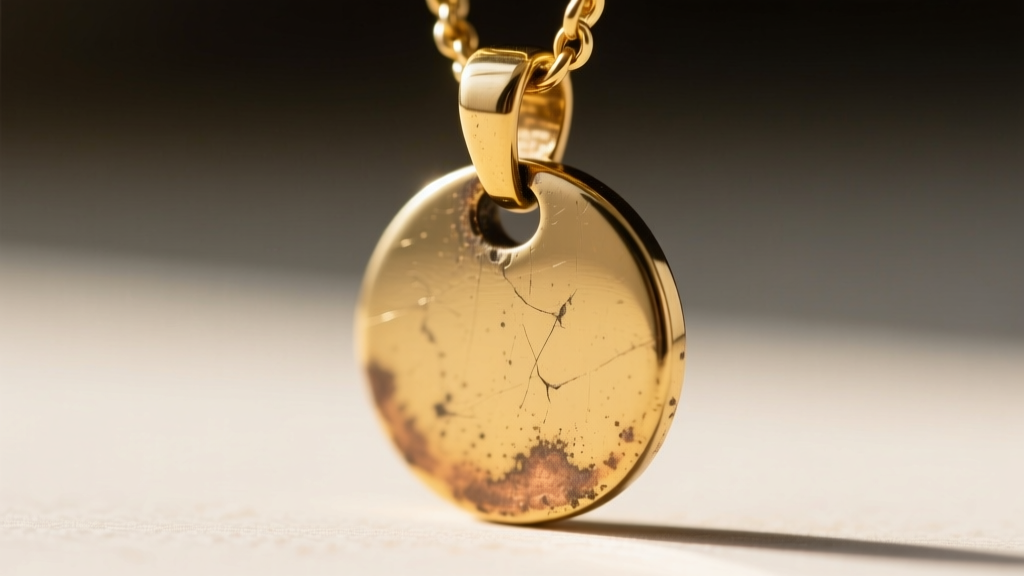 Macro photo of a streetwear pendant showing fading gold plating near the bail, revealing raw brass base metal beneath the surface.