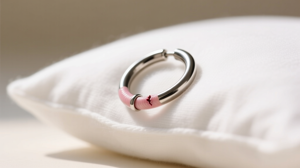 Close-up of healed helix piercing with low-profile 16g titanium huggie hoop resting gently against soft white cotton pillow, bright