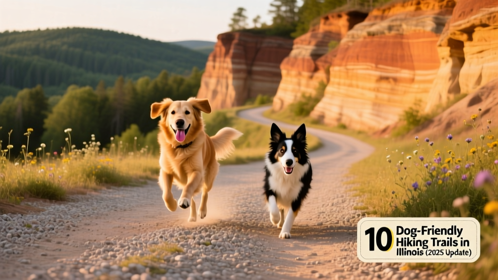 Two dogs on a wide, gravel trail overlooking layered sandstone cliffs at Giant City State Park