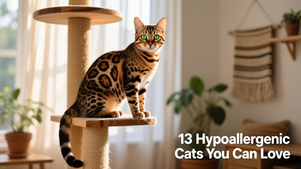 Bengal cat perched on a tall cat tree, showcasing its distinctive spotted coat and alert expression