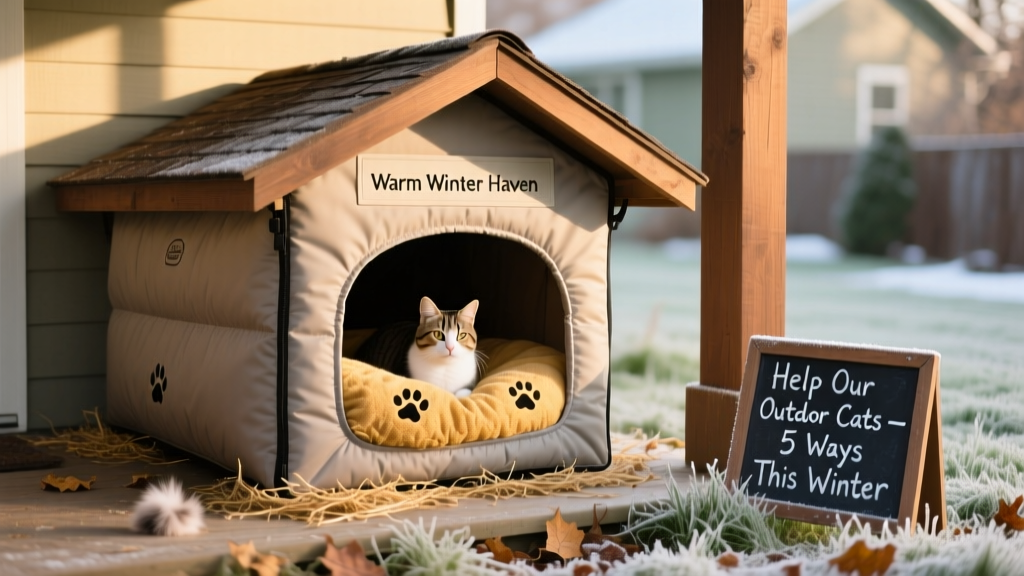 A sturdy, insulated outdoor cat shelter nestled under a covered porch, with straw bedding visible inside