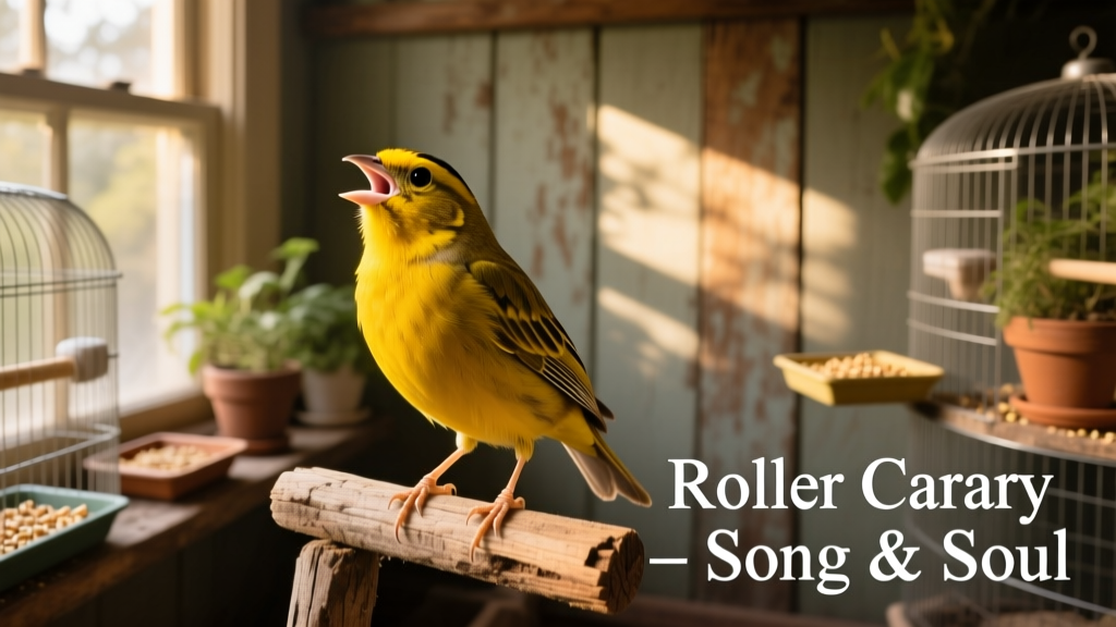A male Roller canary singing with beak slightly open, captured mid-note on a wooden perch inside a quiet aviary setting