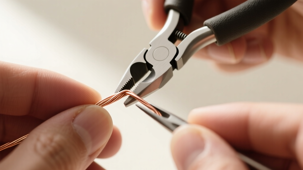 Macro shot of hands using nylon jaw pliers to straighten 20-gauge rose gold-filled wire without scratching the metal surface