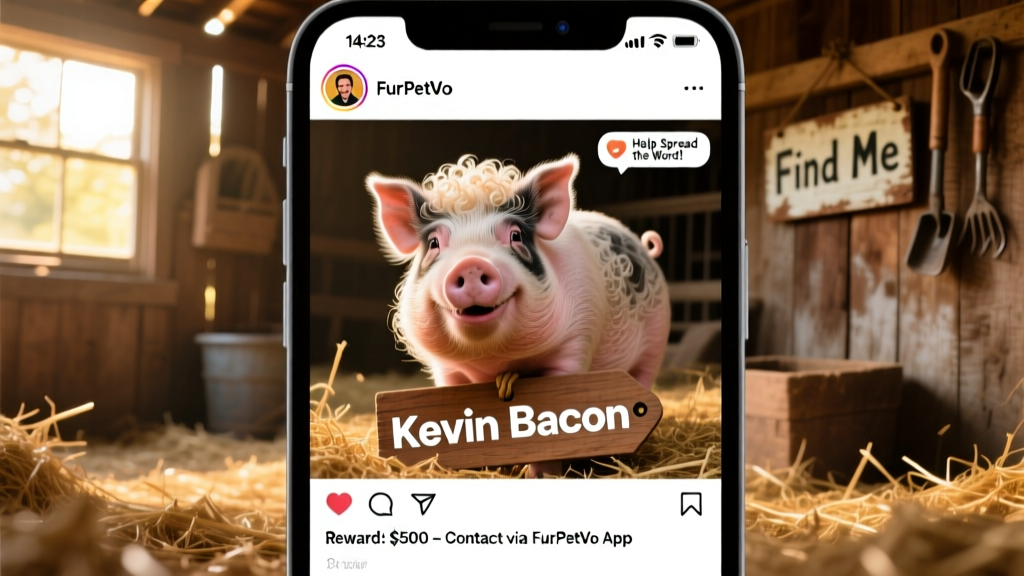 Screenshot of Kevin Bacon's FurPetVo post sharing the pig's photo and reward details