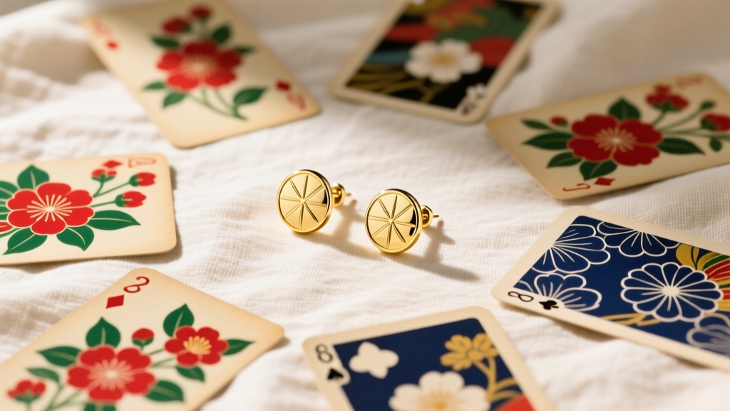 Flat lay of vintage hanafuda cards scattered beside minimalist 18k gold vermeil hanafuda stud earrings on natural linen fabric.