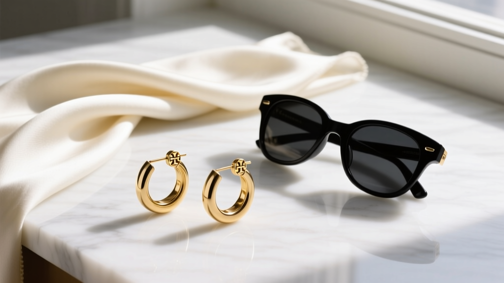 Elegant flat lay of gold-plated brass Tory Burch hoop earrings resting on white marble next to a silk scarf and sunglasses.
