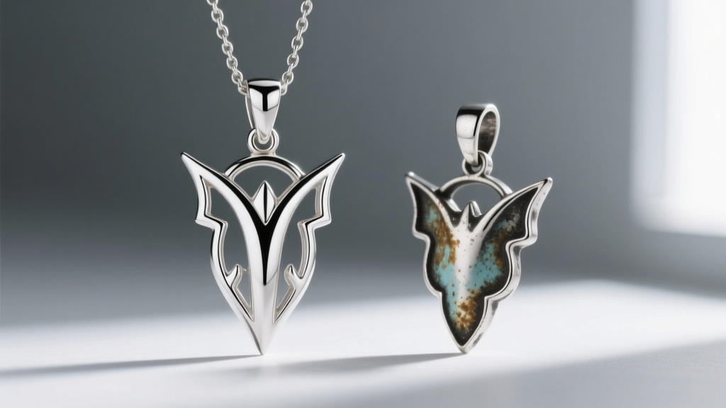 Macro shot comparing a rhodium-plated white gold elven pendant next to a slightly oxidized 925 silver replica, showing contrast.