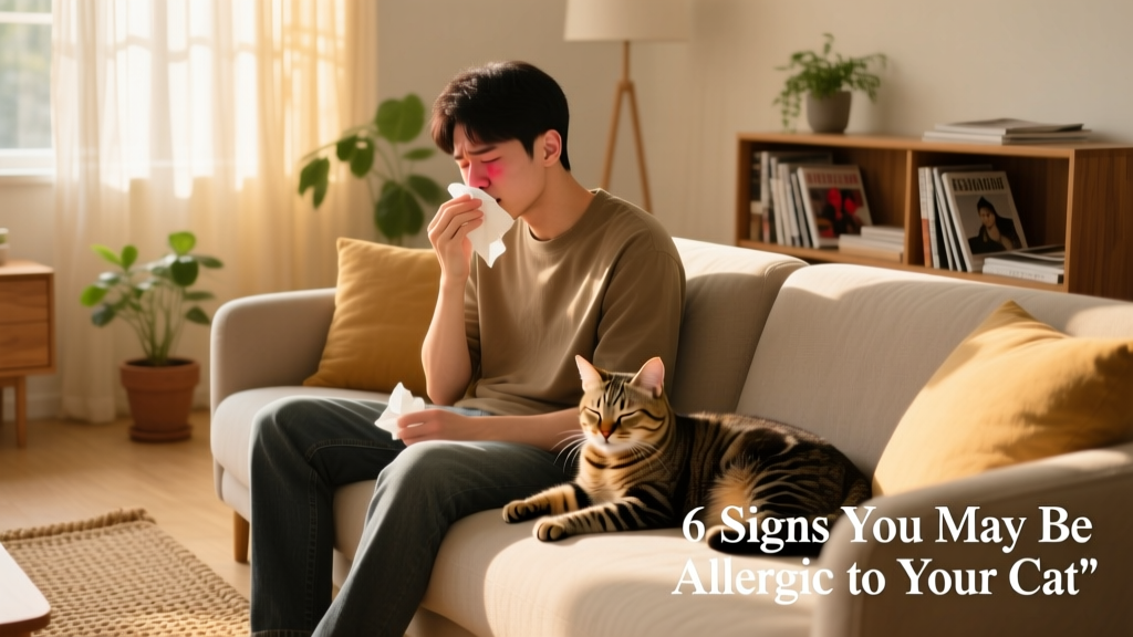 Person gently wiping their nose while seated near a cat on the sofa