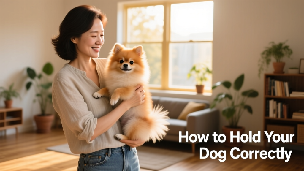 A person holding a small dog securely with one hand: arm threaded between front legs, hindquarters tucked into the elbow crook