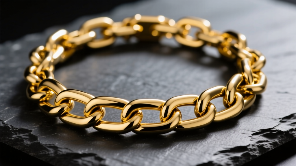 Close-up of a thick 14mm yellow gold bonecrusher chain necklace on dark slate, highlighting aggressive interlocking links.