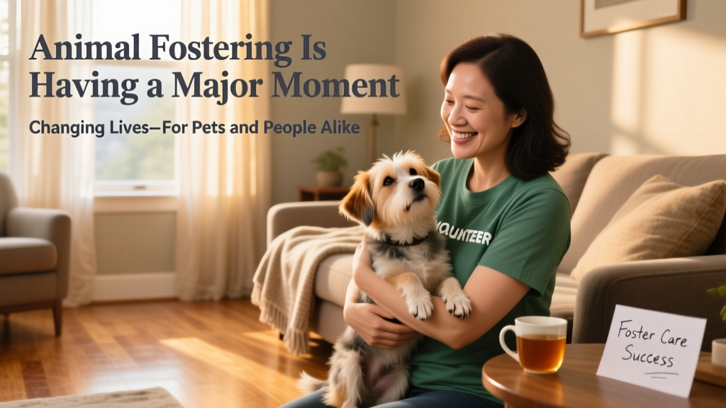 A smiling volunteer gently holding a small, calm dog in a sunlit living room