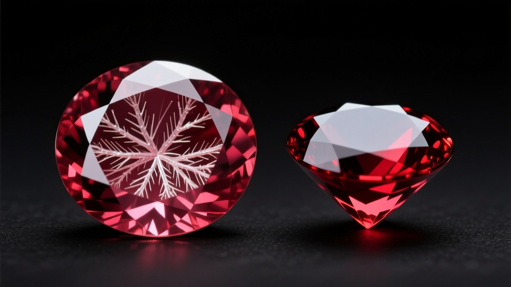 Macro photo of a natural Mozambique ruby showing rutile silk inclusions under a loupe, contrasting with a lead-glass filled ruby.