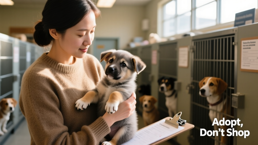 A volunteer gently holding a young puppy while checking its health during a routine shelter wellness exam